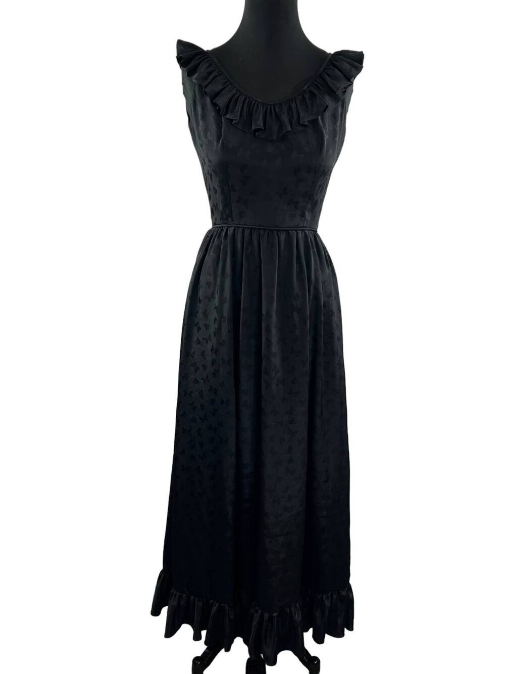 VINTAGE Black Satin Butterfly Print Ruffle Sleeveless Maxi Dress Renaissance XS
